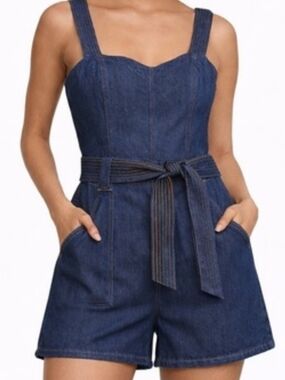 NWOT 7 For All Mankind Dark Blue Denim belted romper shorts size S